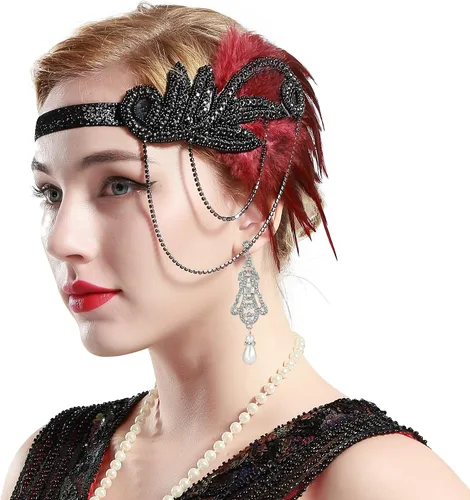 Vista 2 de BABEYOND 1920s Flapper Accessories Set Gatsby Costume Accessories 20s Flapper Headband Pearl Necklace Gloves Holder