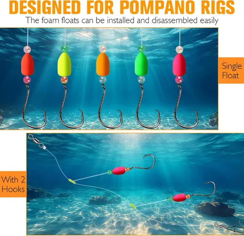 Vista 6 de Dovesun 220/104/80/60/54/52/42 piezas Pompano Rig Floats para Surf Pesca Bobbers de espuma para pesca con mosca Bobbers Floats Kit