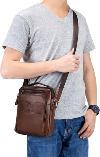 Vista 6 de BAIGIO Bolso bandolera de cuero genuino para hombre, bolso de hombro pequeño, bolso de mensajero para hombre, bolso para iPad, bolsa de viaje