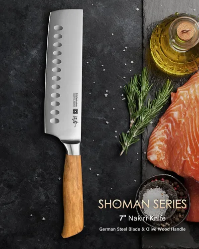 Vista 2 de Mitsuharu Cuchillo Nakiri de 7 pulgadas, cuchillo para verduras serie SHOMAN, hoja afilada, mango ergonómico de madera de olivo, cuchillo de carne