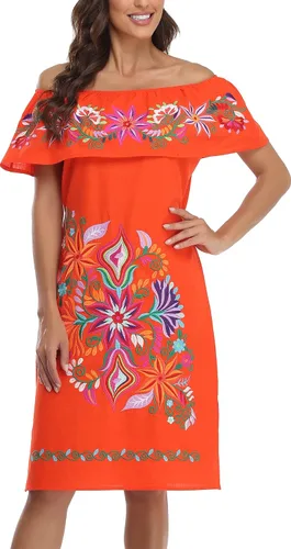 Vista 5 de YZXDORWJ Vestido bordado mexicano para mujer, cuello con volantes, sin mangas