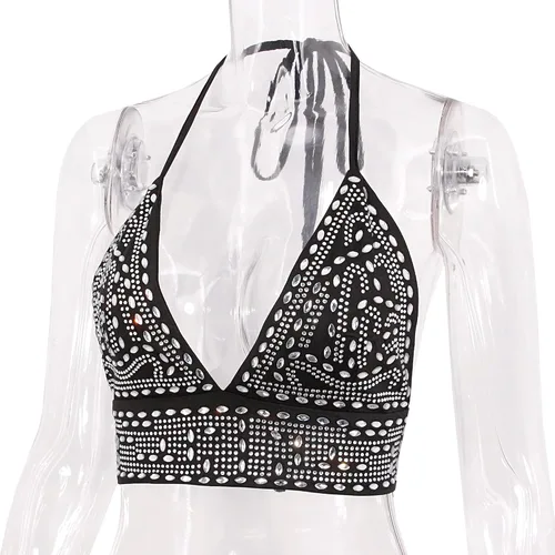 Vista 5 de Haoohu Camiseta sin mangas con diamantes brillantes para mujer, con diamantes brillantes, para fiesta, rave, ropa de club