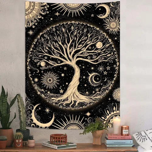Vista 12 de Lunerfex Tapiz de árbol de la vida, tapiz de pared de fase lunar, tapices verdes para dormitorio, techo, tapices para colgar en la pared