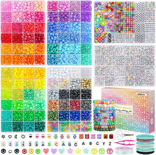 Vista 8 de Kit de fabricación de pulseras de amistad con 2400 cuentas de pony, 72 colores, 9 mm, cuentas de arcoíris Kandi a granel, cuentas de letras