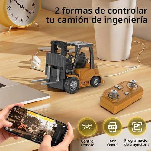 Vista 2 de cxjoigxi Mini carretilla elevadora RC, juguetes de camión carretilla elevadora 1/64 recargables, aplicación y control remoto, 2 en 1 transformable