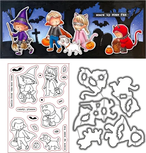 Vista 8 de Juego de sellos y troqueles de Halloween Witch Happy Haunting para hacer tarjetas, sellos transparentes y troqueles de corte de metal para álbumes 01