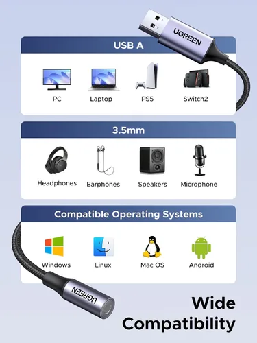 Vista 7 de UGREEN Adaptador de audio USB a conector de 3.5 mm Tarjeta de sonido con soporte para micrófono TRRS Auriculares DAC 24bit 96kHz USB a conector