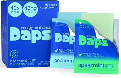Vista 10 de Daps Mint Energy Strips - 45 mg de cafeína natural + vitaminas B, suplemento energético de acción rápida, funciona más rápido que el café, sobre