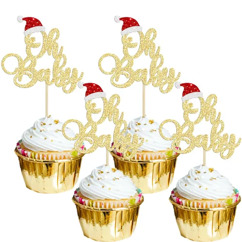 Vista 11 de Gyufise 24 piezas Adornos de pastel para revelación de género de Navidad con purpurina, sombrero navideño de Navidad, adorno de pastel de él o ella