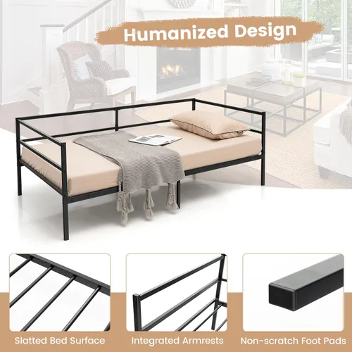 Vista 3 de Giantex Marco de cama de metal tamaño individual, cama de día con soporte de listones de metal y barandillas de 3 lados, sofá cama 2 en 1 que ahorra