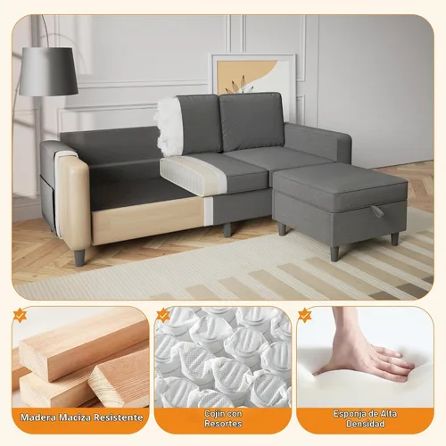 Vista 3 de Sofá seccional y sofás para sala de estar, sofá de 3 asientos gris oscuro de 3 asientos en forma de L con otomana de almacenamiento, sofás