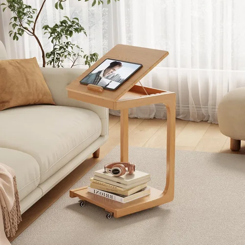 Vista 11 de AQIMUELE Mesa auxiliar de madera en forma de C, escritorio de sofá con 2 ruedas con cerradura, mesa de sofá de 4 niveles con bolsa de Natural