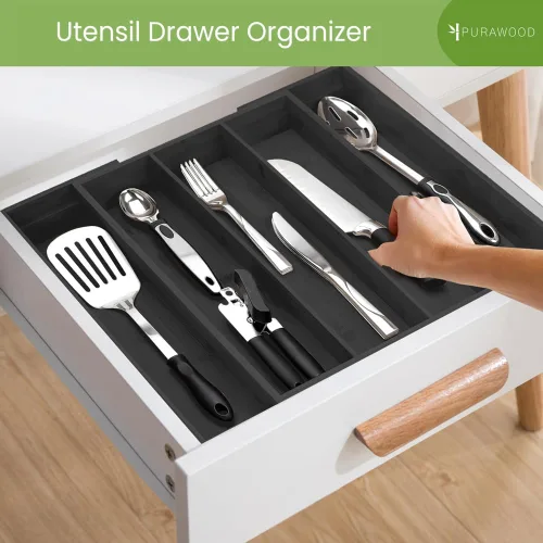 Vista 4 de Organizador de Cajón de Cocina Purawood - Organizador de Utensilios Extensible para Cocina, Bandeja de Cuchillos y Organizador de Cubiertos, 3-5