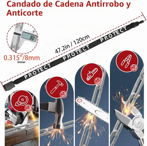 Vista 5 de BANGTING Candado de cadena de bicicleta de 4 pies resistente con alarma de 110 dB, cerradura de bicicleta resistente antirrobo con llave para Negro