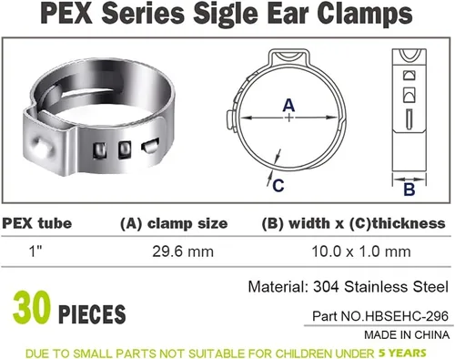 Vista 3 de HOLYBEAR Abrazadera de cincha PEX de 1 pulgada, anillos de crimpado de acero inoxidable, abrazaderas de manguera de oreja única para conexiones