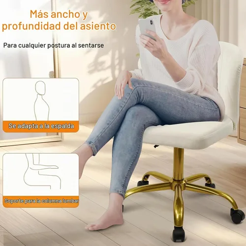 Vista 5 de CLATINA Silla de escritorio de terciopelo para el hogar con ruedas de base dorada, altura ajustable, tapizada, cómoda, ergonómica, sin brazos