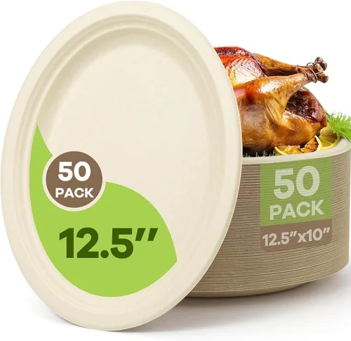 Vista 12 de Platos de papel ovalados compostables, 12.5 pulgadas, paquete de 25 platos desechables de bagazo resistentes, ecológicos, biodegradables