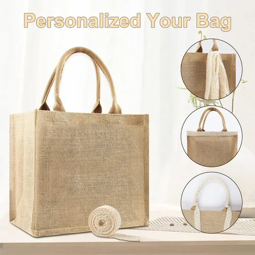 Vista 5 de 3 bolsas de arpillera a granel, bolsa de yute reutilizable con cinta de 5 yardas, bolsa de regalo de arpillera en blanco con asa, bolsa de playa