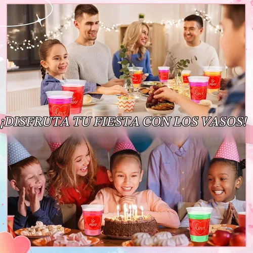 Vista 7 de Meanplan 100 vasos de plástico de San Valentín de 12 onzas a granel, vasos de San Valentín a granel, vasos de corazón rosa, suministros de fiesta