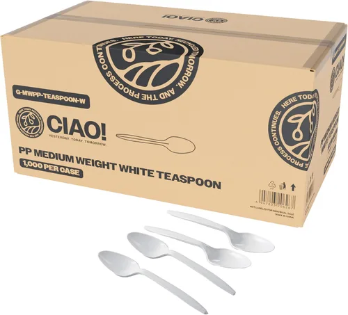 Vista 9 de CIAO! Tenedor blanco desechable de 5.8 pulgadas de polipropileno de peso medio (caja de 1000)