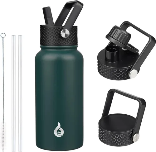 Vista 89 de BJPKPK Botellas de Agua Aisladas con Tapa de Pajita, Botella de Agua de Acero Inoxidable de 18oz, Termo Frío Caliente con 3 Tapas, Vaso de Viaje a