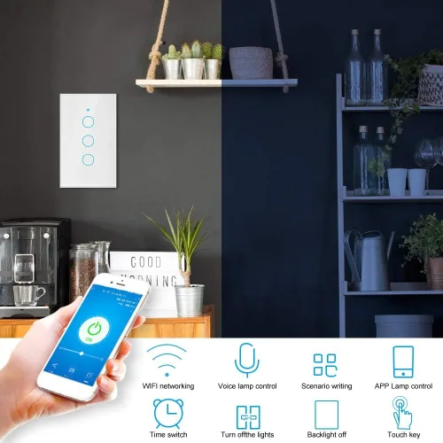 Vista 3 de Interruptor de pantalla táctil WiFi para el hogar Control en tiempo real Interruptor de CA de 3 vías Panel de hogar inteligente Compatible