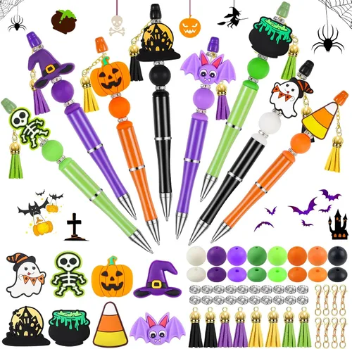 Vista 23 de CZWZ 8 piezas de bolígrafos de cuentas navideños, bolígrafos de plástico con cuentas y cuentas de silicona multicolor, bolígrafos navideños