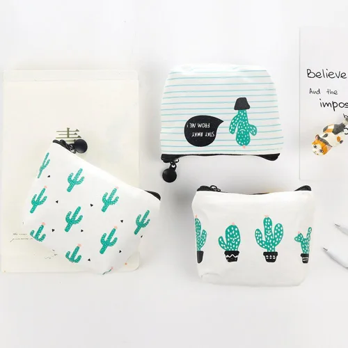 Vista 2 de softmusic Cute Cactus impresión de lona cartera Mini titular de la tarjeta bolsa de cierre portafolios