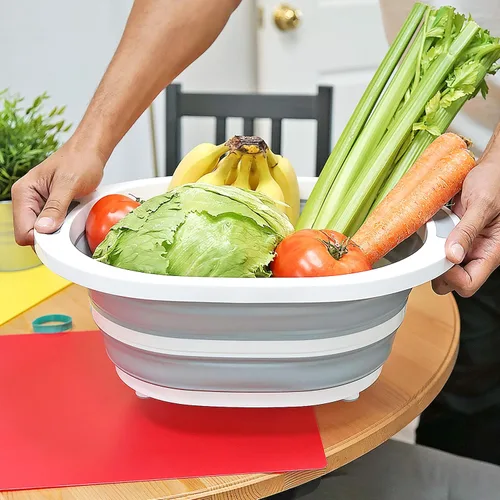Vista 5 de Fregadero de cocina plegable, tabla de cortar portátil 2 en 1 y cesta plegable con drenaje, lavabo multiusos, gris y blanco