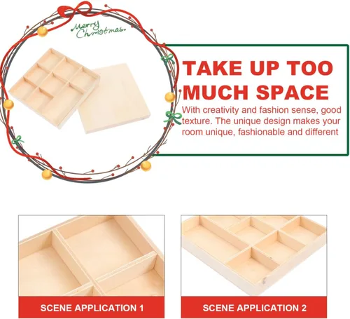 Vista 4 de EXCEART Caja de decoración de Navidad, bandeja de madera con divisores, 4 compartimentos, caja de almacenamiento decorativa para joyas, organizador