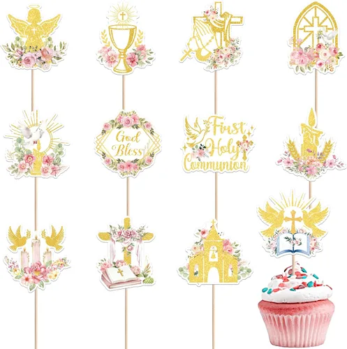 Vista 16 de 24 adornos cruzados para cupcakes con diseño de Dios bendiga y bautismo, para cupcakes de cruz, decoración de primera comunión para tartas