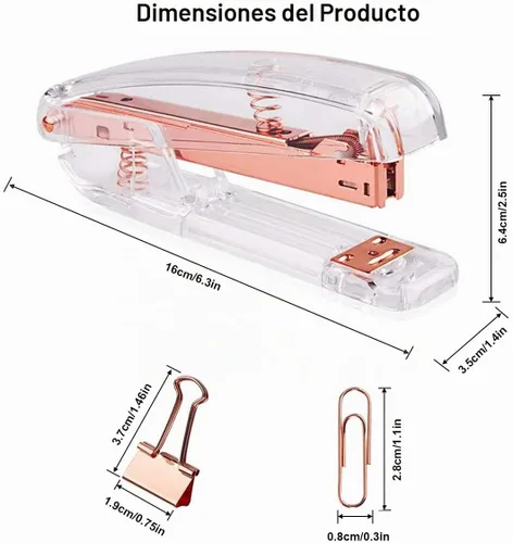Vista 2 de Engrapadora de escritorio acrílica con 1000 grapas de 26/6, 6 clips de carpeta y 50 clips de papel, kit de accesorios de escritorio para el hogar