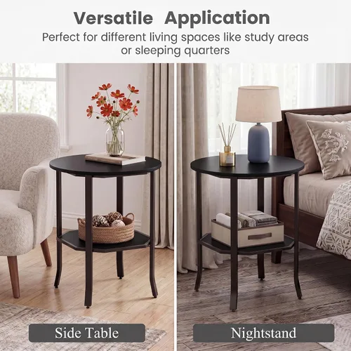 Vista 9 de Tangkula 2-Tier Round Side End Table, Small Nightstand with Storage Shelf, Industrial Modern Bedside & Sofa Side Table for Small Space, Bedroom