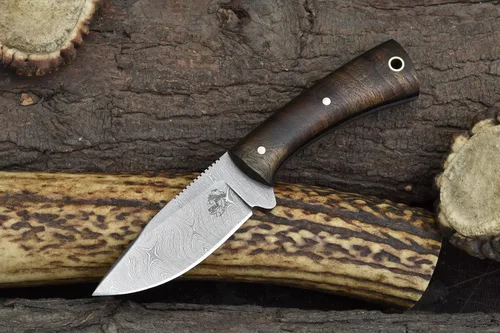 Vista 9 de Knives Ranch Cuchillo EDC de hoja fija con funda de transporte horizontal, hoja de damasco, esencial de vaquero con funda de cuero, mango