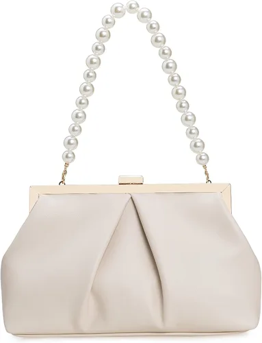 Vista 15 de CHARMING TAILOR Bolso de mano de piel sintética con marco de metal de PU fruncido, bolsa de noche formal con perla
