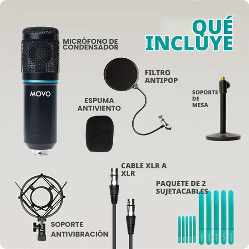 Vista 5 de Movo PC-M6 - Micrófono de condensador cardioide universal con soporte de micrófono de mesa, filtro pop de doble capa y cables de audio, gran kit
