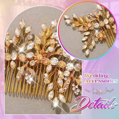Vista 6 de Evild Peine de pelo de boda con diamantes de imitación, cuentas de hojas, tocados de novia, tocados de cristal, accesorios para el cabello de boda