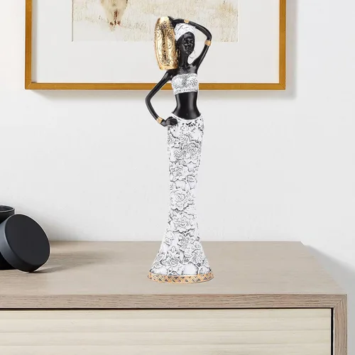 Vista 7 de BRASSTAR Escultura tribal africana dama de resina 15.1 ''(H) Mujer blanca y negra con tarro sala de estar dormitorio estudio tienda decorativa