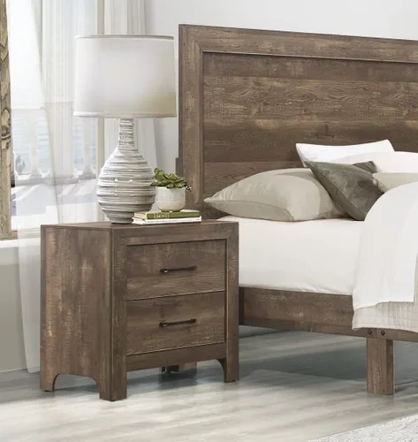 Vista 2 de NewCosmos Mesita de noche de cajones con acabado marrón rústico de aspecto simple, muebles de dormitorio de metal negro