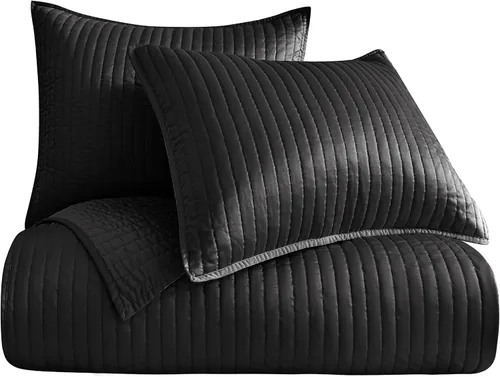 Vista 2 de Indigo Hill by HiEnd Accents - Juego de edredón de 2 piezas con fundas de almohada, tamaño individual, color liso negro, ropa de cama de lujo