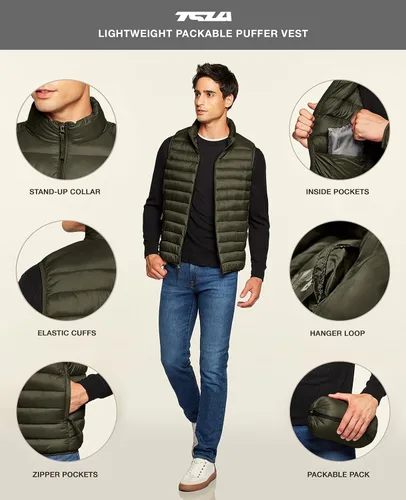 Vista 3 de TSLA Chaleco acolchado ligero y plegable para hombre, resistente al agua, para invierno y exteriores