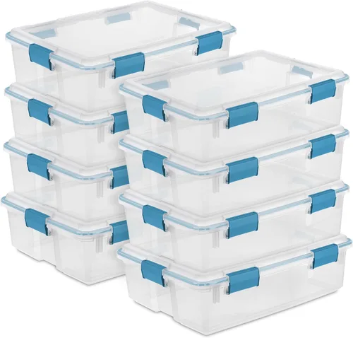 Vista 27 de Sterilite 19414306 - Caja de almacenamiento de plástico transparente de 7.5 cuartos y tapa con pestillos azules