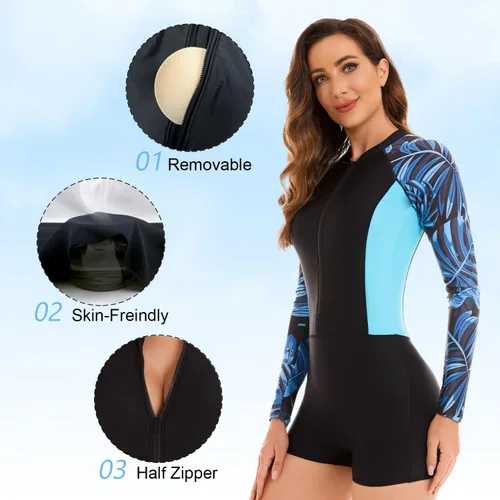 Vista 3 de NESY Traje de baño de una pieza de manga larga para mujer, traje de baño de protección contra erupciones, pantalones cortos UPF 50+, traje de baño
