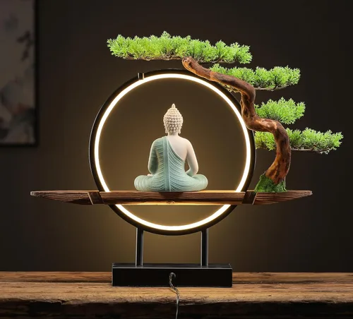 Vista 5 de Houlu Estatua de Buda verde con árbol artificial verde y lámpara de mesa circular LED, estatuas de Buda de cerámica para interiores para decoración
