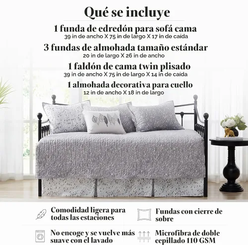 Vista 2 de Juego de funda para sofá cama de tamaño individual, 6 piezas, fundas a 1 - Hojas Botánicas Gris