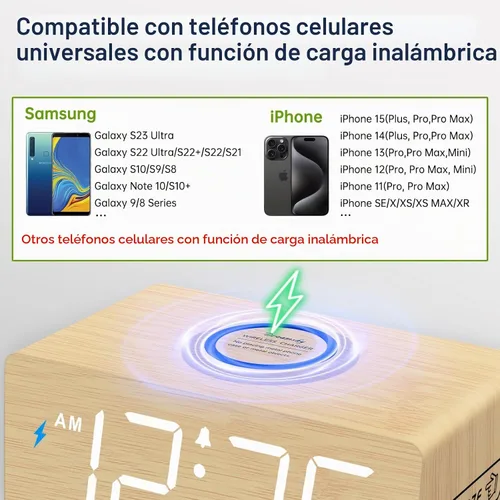 Vista 3 de DreamSky Wooden Digital Alarm Clock with Wireless Charging for Bedroom Bamboo