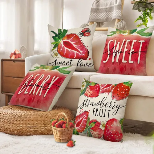 Vista 7 de Juego de 4 fundas de almohada decorativas de primavera y verano de fresa de 16 x 16 pulgadas, decoración de fundas de cojín de fruta roja dulce