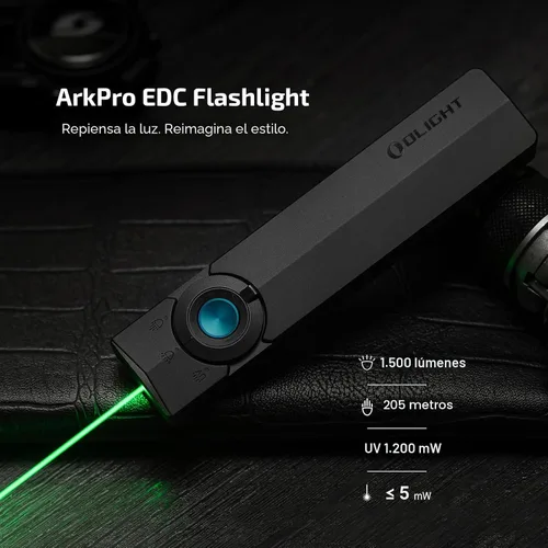 Vista 2 de OLIGHT ArkPro EDC Linterna plana recargable con haz verde, UV y LED blanco, linterna de bolsillo de 1500 lúmenes USB-C para camping, linterna