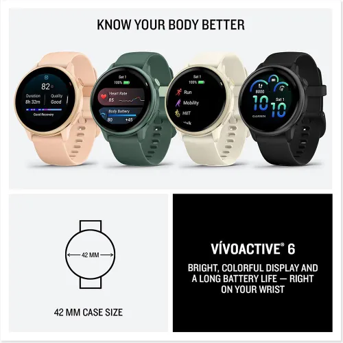 Vista 8 de Garmin 010-02985-00 VIVOACTIVE 6 Reloj inteligente para salud y fitness con GPS, color negro con banda de silicona, paquete con 2 años de protección