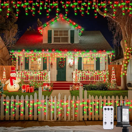 Vista 24 de JMEXSUSS 400 luces LED de Navidad de carámbano de 38.8 pies con control remoto, tira de luces multicolor para exteriores enchufables, 8 modos